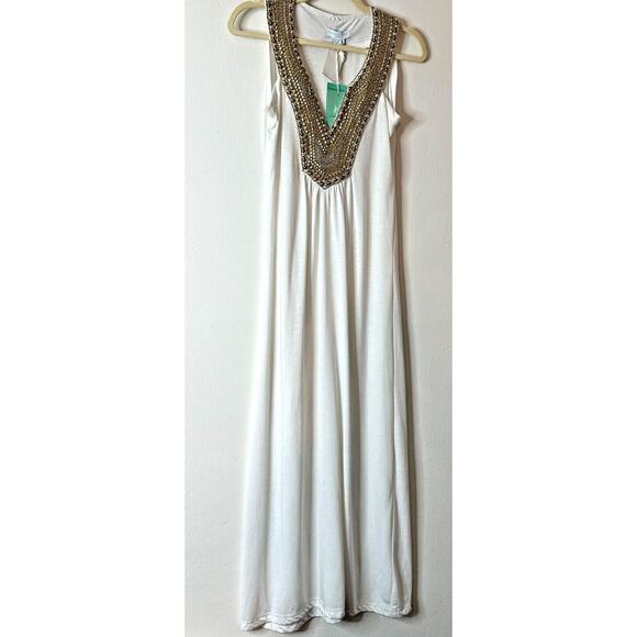 NWT Elizabeth Hurley Beach White Jemima Maxi Gold Embellished Bead Neckline Med - Picture 1 of 12